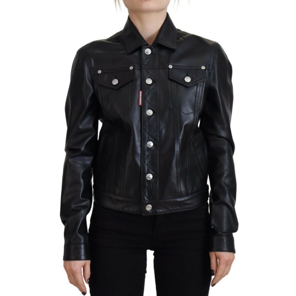 Dsquared² Black Leather Collared Long Sleeves Women's Jacket
